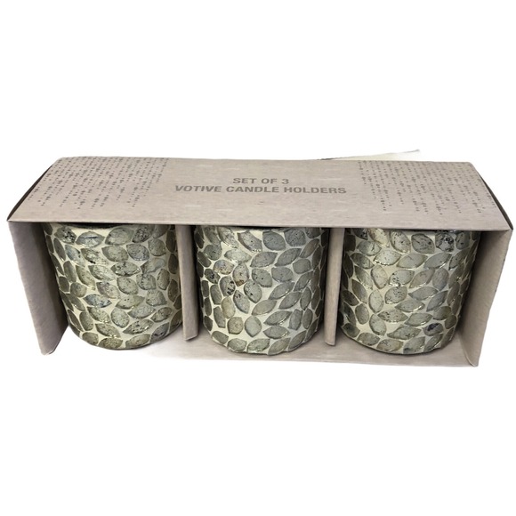 Unbranded Other - Votive Candle Holders Set 3 Silver Leaf Mosaic Glass Decor 3 1/2" X 3"